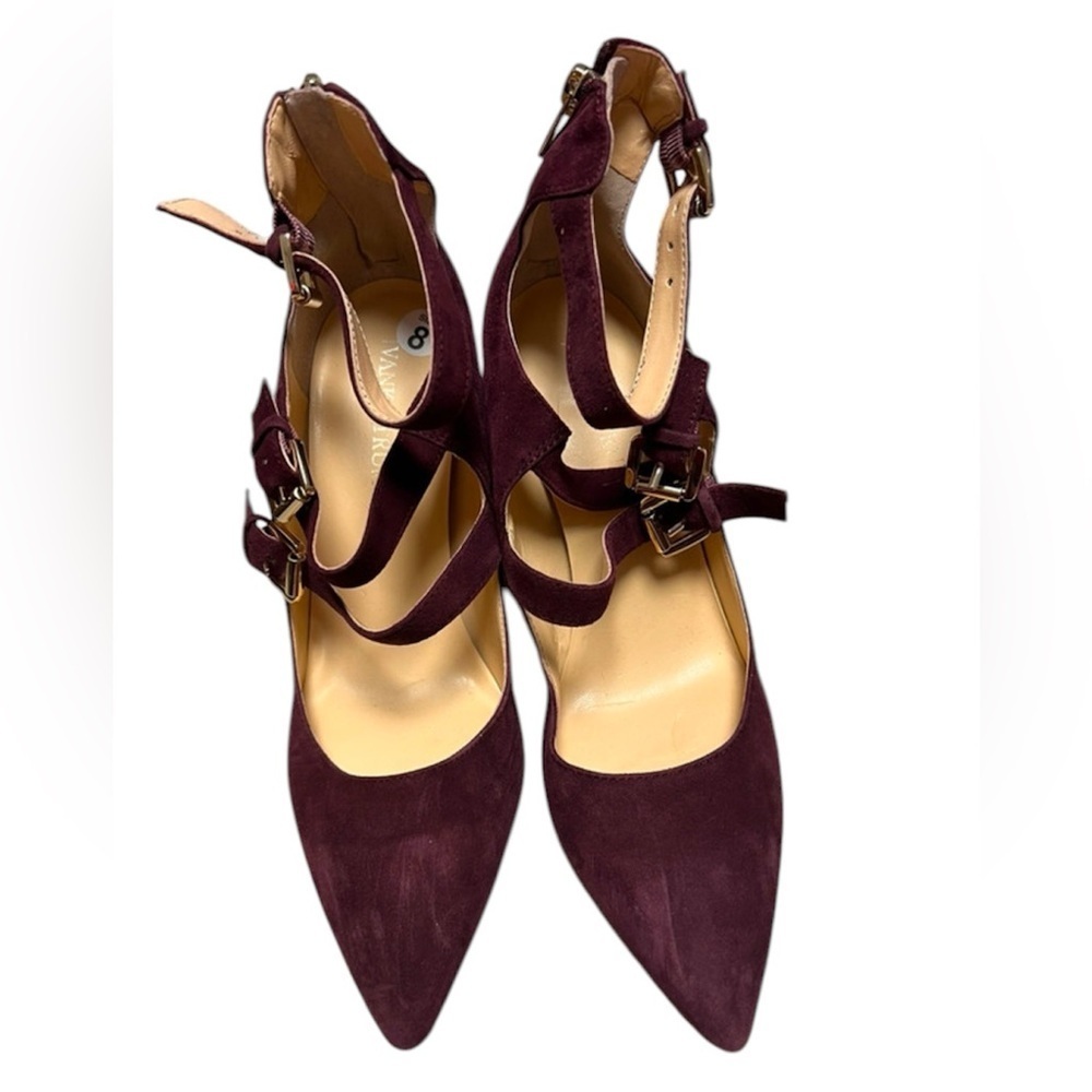 Ivanka Trump Kamon burgundy suede ankle straps pointed pumps back zipper 8M